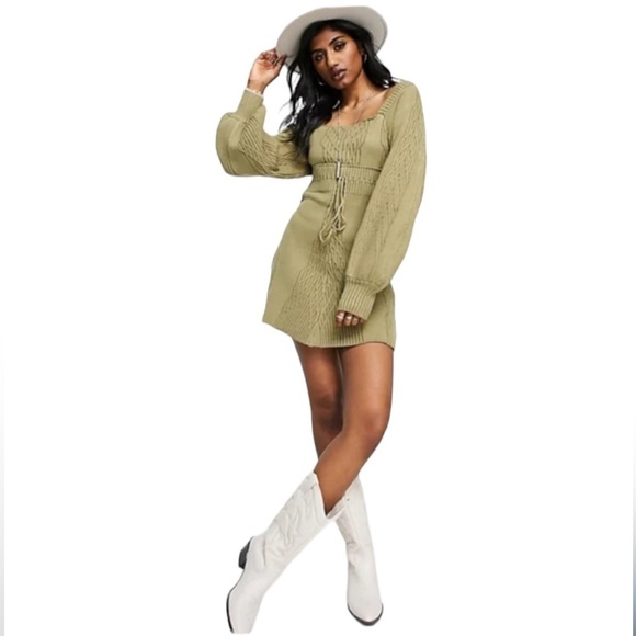 NWT Free People Emmaline Mini Sweater Dress Balloon Sleeve Green - Picture 1 of 13